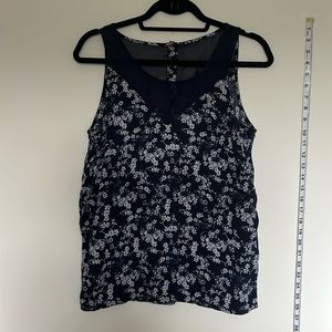 NAFNAF navy dark blue white flower print tank with mesh sheer v neck tank top